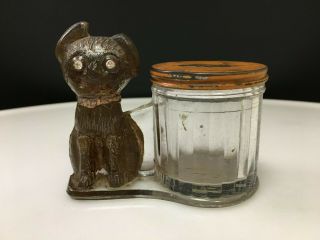 Antique C.  1910s Dog By Barrel Glass Candy Container W/ Beaded Eyes