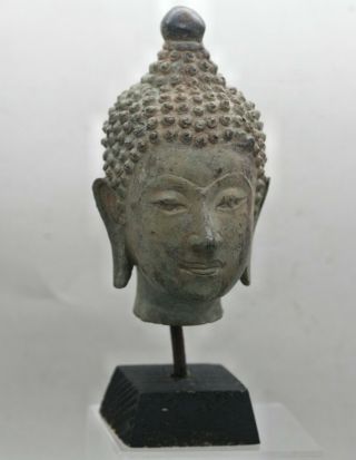 Fantastic Antique Thai Ayutthaya Bronze Buddha Head On Wooden Stand C1800s