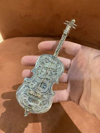 Antique Sterling Silver Judaica Violin Spice Box -