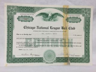 Vtg 1960 Chicago National Baseball Club Common Stock Certificate Cubs