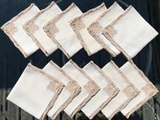 Set Of Twelve Vintage Off White Linen Ecru Lace Edged Napkins