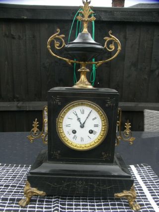 19th Century Black Slate / Marble Mantle Clock With Brass Fittings / Spare Dial