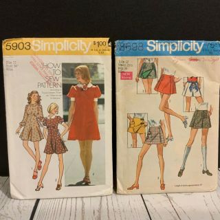 2 Vintage 1970’s Simplicity Patterns Miss Size 12 Dress And Scooter Skirt