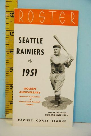 1951 Seattle Rainiers Minor League Baseball Roster Pcl Rogers Hornsby Cover