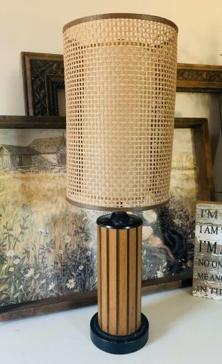 Vtg Mcm Mid Century Modern Wood? Table Lamp Wicker Shade Retro