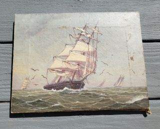 Antique Sailing Ship Boats At Sea Nautical Oil Painting On Canvas 1880 