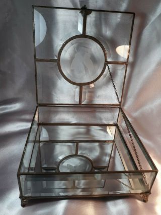 Vintage Clear Stained Glass & Mirror Jewelry Keepsake Trinket 8 " Box W Butterfly