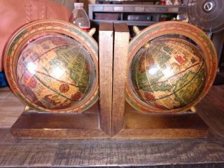 Vintage Himark Globe Bookends Made In Italy Mid Century Modern Wooden Spins