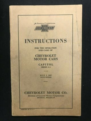 Instructions For Operation And Care Of Chevrolet Motor Cars 1927 Chevy Gm