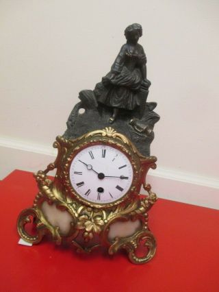 Antique - - - French - - - - Spelter - - - - - Porcelain Face - - Mantel Clock Figural Gilded
