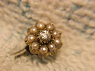 Antique Victorian 14k Gold Rose Cut Diamond And Seed Pearl Stick Pin