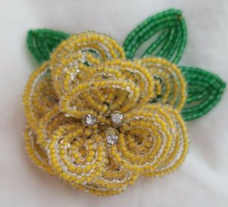 Hobe Vintage Beaded Floral Flower Pin Brooch Signed Yellow And Green Small Beads