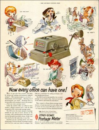 1955 Vintage Office Equipment Ad Pitney Bowes Postage Meters Cute Cartoon 113017