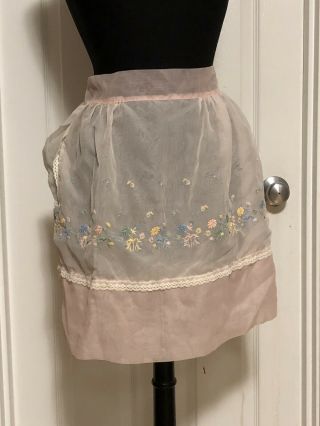 Vintage Sheer Pink Colorful Floral Embroidered Pocket Lace Sexy Apron