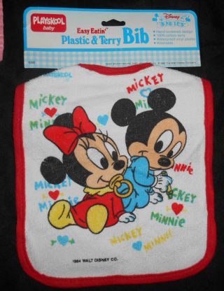 Vtg Dated 1984 - Baby Mickey & Minnie Mouse Bib - Terry Cloth,  Plastic Back - 6d