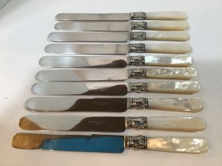 Antique Sterling Silver Dinner Knives Set 10 Mother Of Pearl Handles 1855