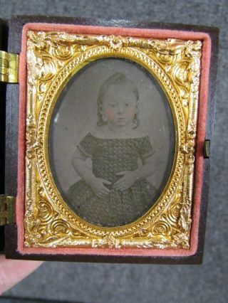 Antique Ambrotype Of Young Girl In A Plaid Dress,  Gutta Percha Union Case 1857