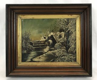 Antique Late 19th C Oil Painting Snow Covered Grist Grain Mill River Landscape
