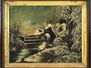 Antique Late 19th C Oil Painting Snow Covered Grist Grain Mill River Landscape 2