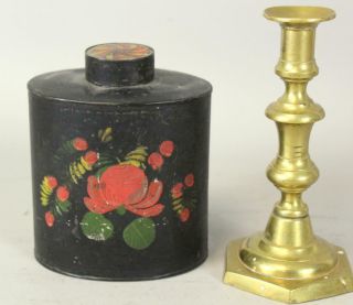 Fine 19th C Ct Paint Decorated Tin Toleware Covered Tea Canister Paint