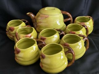 Vintage Green Apple Tea Pot And Cups The Haldon Group Japan Set Of 9