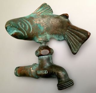 Vintage Utility Bronze Cast Brass Garden Water Faucet With Trout Fish Handle