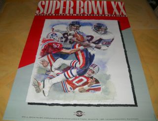 Vintage Rare 1986 Bowl Xx Poster Chicago Bears Patriots Walter Payton