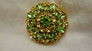 High End Vintage Jewelry Signed Weiss Green Yellow Brooch Pin Rhinestone Large