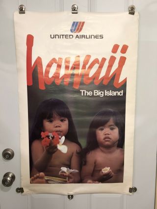 Vintage 1975 United Airlines Hawaii The Big Island Poster 40 " X 25 "