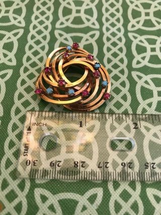 Vintage Gold Tone Swirl Knot Blue & Pink Stones Pin Brooch