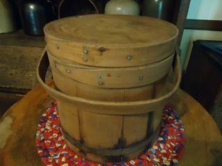Old Primitive Antique Wood Firkin Sugar Bucket Handle Lid Copper Nails Iron Band