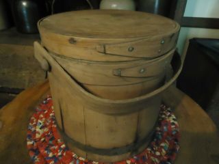 Old Primitive Antique Wood Firkin Sugar Bucket Handle Lid Copper Nails Iron Band 2