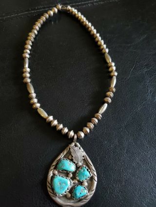 Antique Vintage Sterling Silver Native Navajo Pawn Turquoise Pendant Necklace