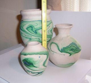 Vintage Nemadji Pottery Usa Swirl Green & Beige - Stamped.  3 Vases Set