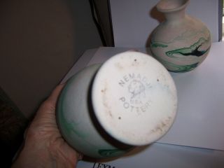 vintage NEMADJI POTTERY USA SWIRL GREEN & BEIGE - STAMPED.  3 vases set 3