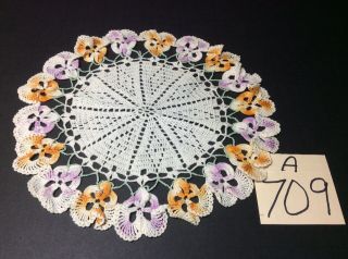 11” Vintage Round Doily White Center With Variegated Pansies On The Outside
