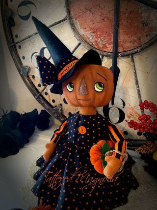 Primitive Folk Art Pumpkin Witch Doll In Polka Dots Hand Stitched Ooak