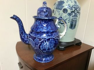 Antique Staffordshire Dark Blue Transferware Repaired Coffee Pot Replaced Lid