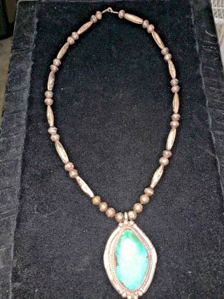 Antique Native American,  Silver - Beaded Necklace W/ Large Turquoise & 925 Silver