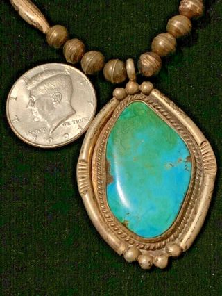 ANTIQUE NATIVE AMERICAN,  SILVER - BEADED NECKLACE W/ LARGE TURQUOISE & 925 SILVER 3