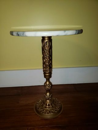 Vintage Round White Marble & Brass Pedestal Side Table Plant Stand Regency Style