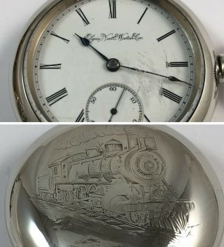 Antique 1888 Elgin Natl Watch Co.  Pocket Watch W/ Railroad Train Scene.  Size 18