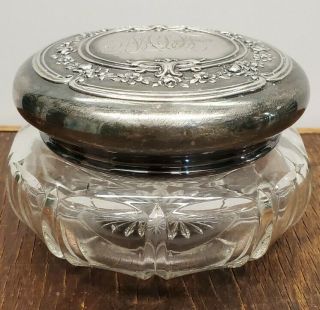 Antique Victorian Dresser Powder Rouge Jar - Cut Glass W/ Sterling Silver Lid