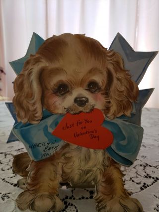 8 " Vtg 1940s Hallmark Valentine Greeting Card Diecut Puppy Dog Spaniel Blue Bow