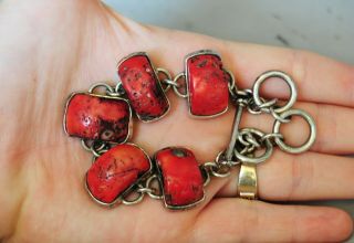 Fine Vintage Chunky Red Coral Sterling Silver Bracelet