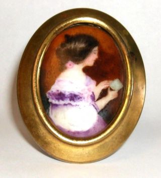 Antique Porcelain Brooch Hand Painted 14k Gold Plated Victorian Edwardian