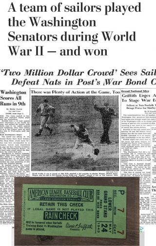 Rare Mlb “war Bond Game” Ticket Stub May 24 1943 Senators - Babe Ruth - Read Info