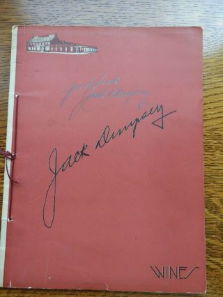 Jack Dempsey’s Bar & Cocktail Lounge Restaurant Wine List Menu Autographed 1941