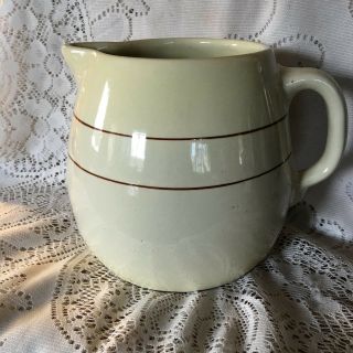 Vintage Large 7 " Tall Stoneware Barrel Pitcher Ivory With Two Brown Stripes