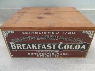 Antique Walter Baker Chocolate Breakfast Cocoa Dorchester Mass Wood Box